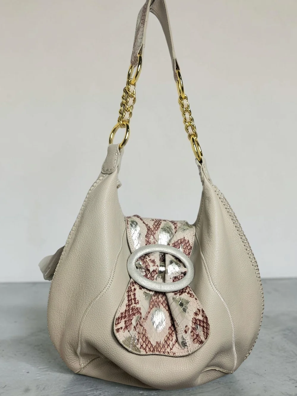 Cream Leather Hobo Bag with Snakeskin Detail and Gold Chain Strap